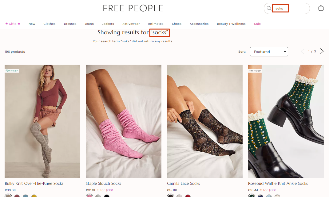 Freepeople search results for “soks” searchandising example