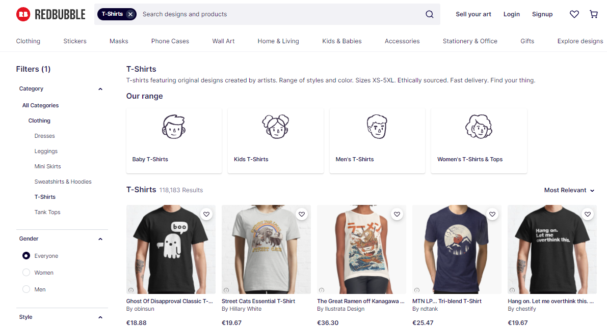 Redbubble search results for “t-shirt” searchandising example