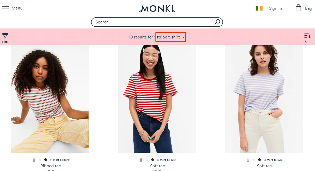 Monki results for “stripe t-shirt” searchandising example
